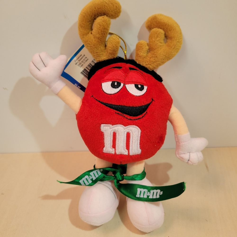 M M Christmas Mini Seasonal Plush Reindeer Antlers Green Ribbon Ornament‎ 2001